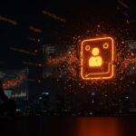 Interrupción de DeepSeek en China ilustrada con interfaz chatbot iluminada en naranja y negro y fundador tecnológico analizando la caída de la inteligencia artificial.