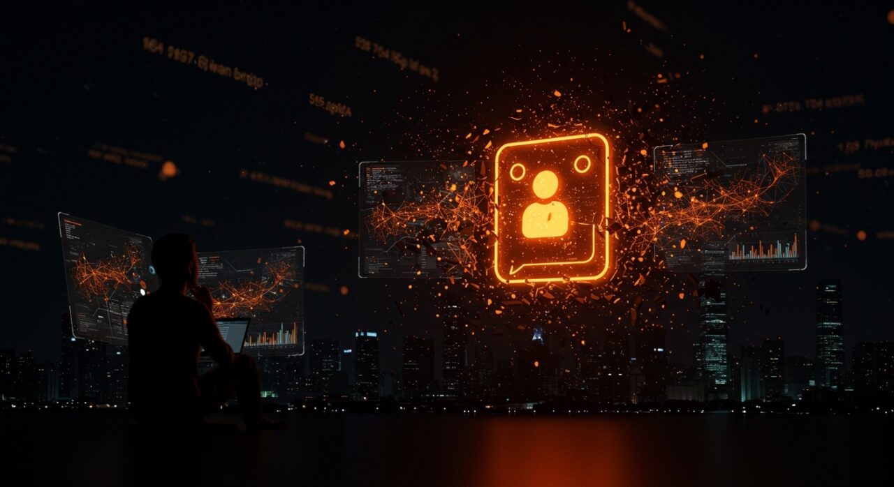 Interrupción de DeepSeek en China ilustrada con interfaz chatbot iluminada en naranja y negro y fundador tecnológico analizando la caída de la inteligencia artificial.