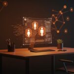 Interfaz holográfica de agentes autónomos de IA DeerFlow para automatización empresarial open source, en paleta naranja y negro.