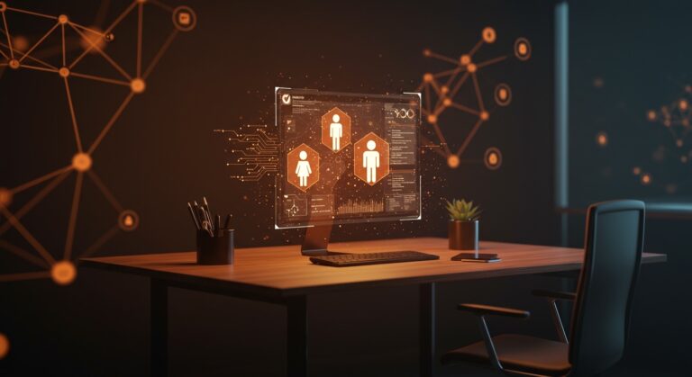 Interfaz holográfica de agentes autónomos de IA DeerFlow para automatización empresarial open source, en paleta naranja y negro.