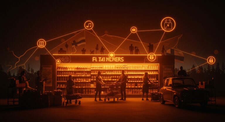 Escena representativa de defensa total en Finlandia integrando supermercados y sociedad civil en un sistema de resiliencia y preparación nacional.