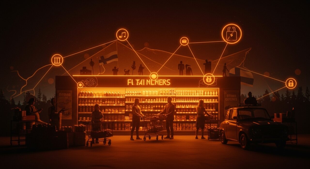 Escena representativa de defensa total en Finlandia integrando supermercados y sociedad civil en un sistema de resiliencia y preparación nacional.