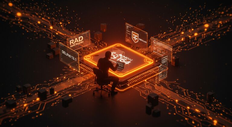 Desarrollador trabajando con tecnología ARM64 en Delphi 13.1 y RAD Studio 13.1 para acelerar el desarrollo multiplataforma en startups.