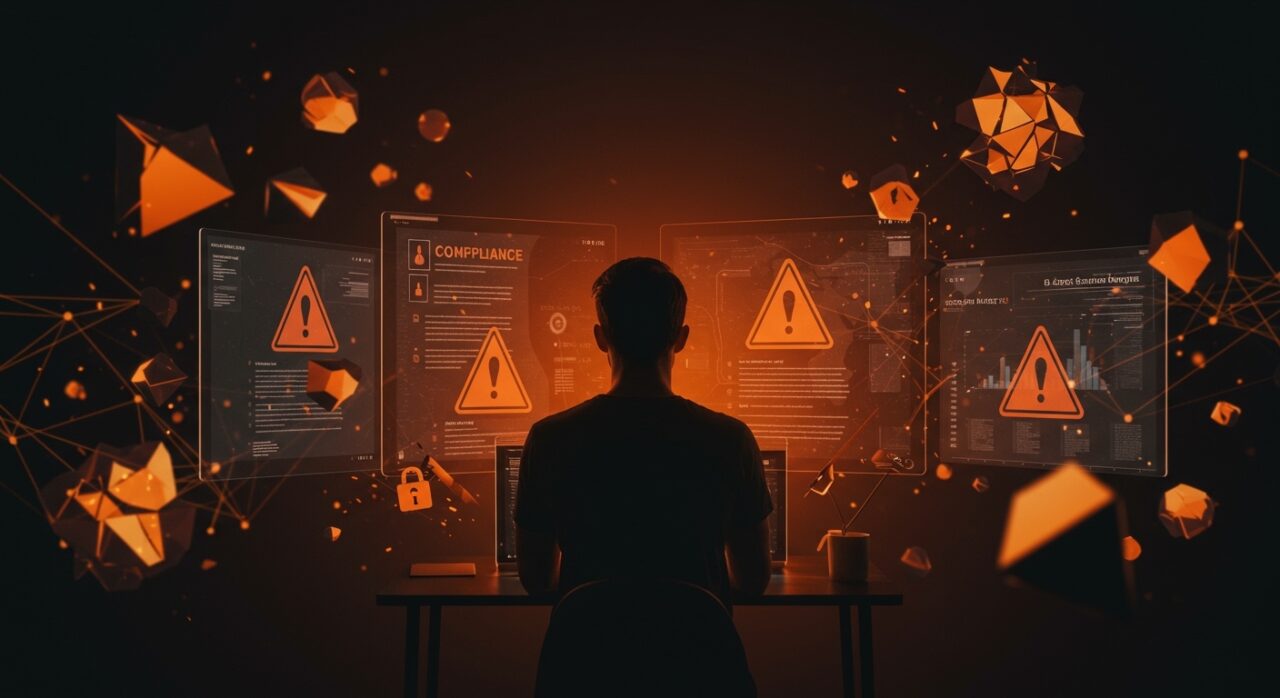 Fundador de startup tecnológico frente a pantallas digitales con alertas de compliance falso, ilustrando riesgos y regulaciones en startups tech.