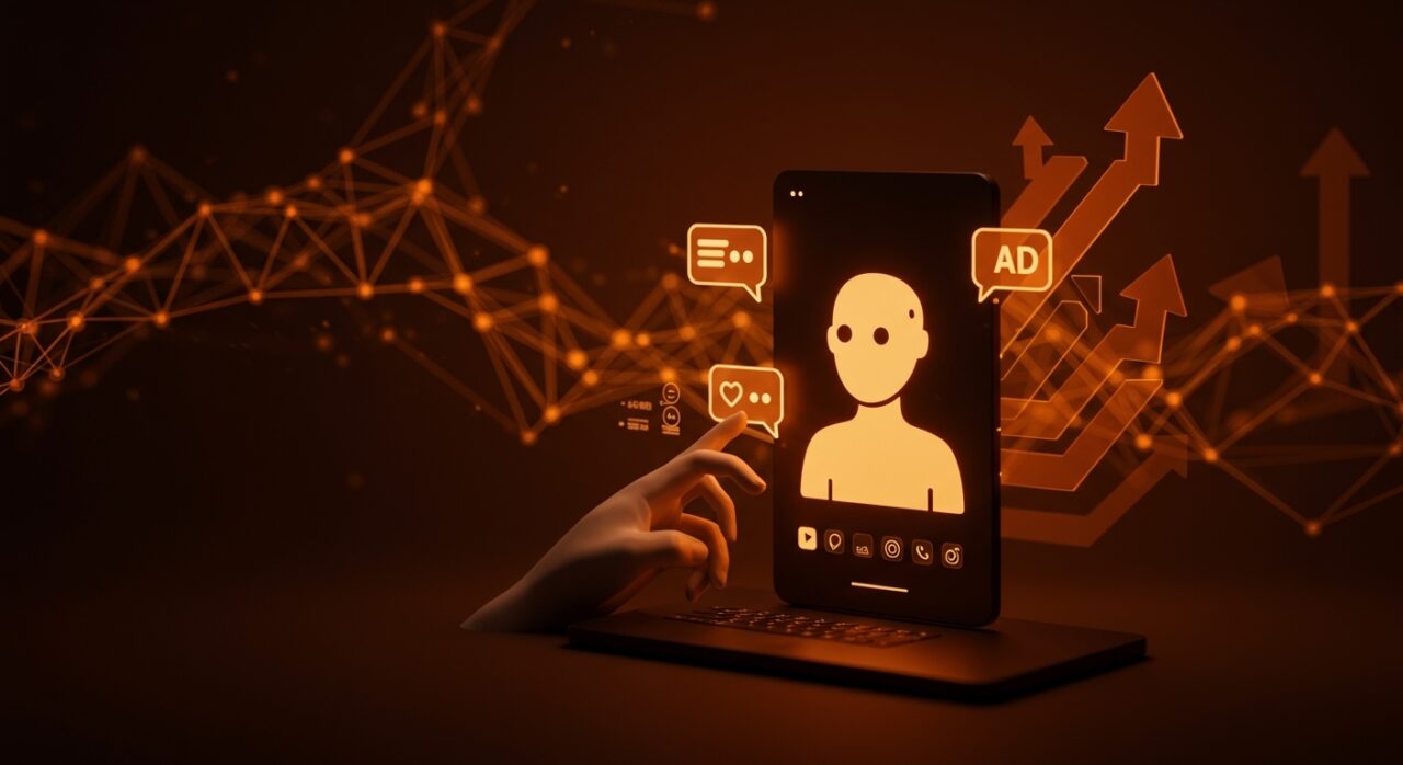 Demo visual de chatbot de IA gratuito con monetización por publicidad, mostrando innovación en modelos de negocio freemium para startups de inteligencia artificial.