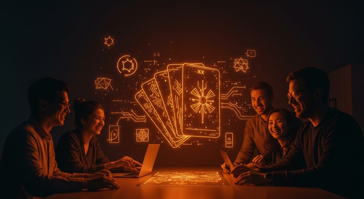 Equipo de desarrollo colaborando con inspiración lúdica usando tarot digital para despliegues de software en cultura tech.