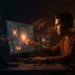 Desarrollador indie creando videojuegos innovadores con inteligencia artificial y herramientas de IA generativa en un entorno tecnológico avanzado.