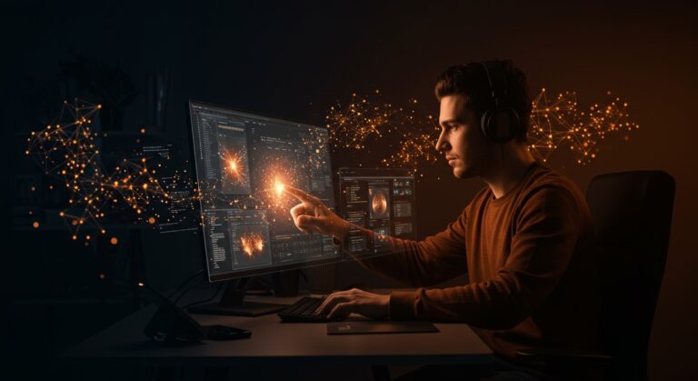 Desarrollador indie creando videojuegos innovadores con inteligencia artificial y herramientas de IA generativa en un entorno tecnológico avanzado.