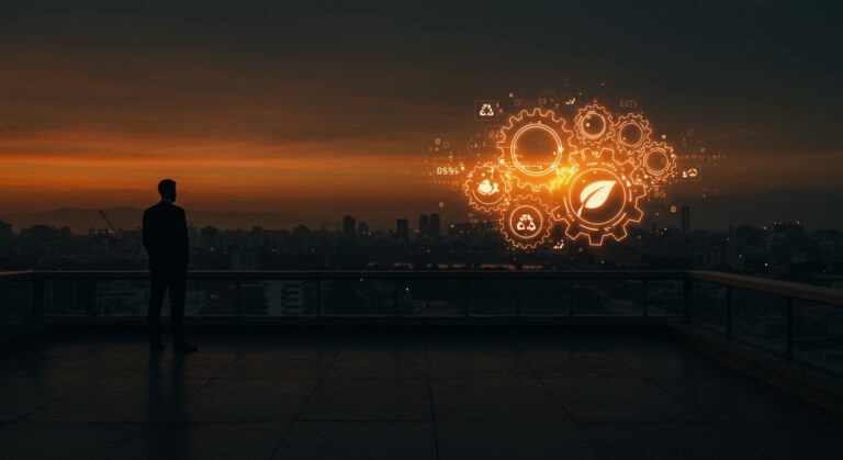 Líder contemplando la regulación ambiental y desarrollo sostenible en Chile con metáforas visuales de inversión y políticas públicas.