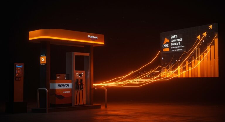 Surtidores de Repsol y Moeve destacando descuentos y competencia frente a gasolineras low cost en el mercado energético español.