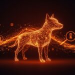 Ilustración de perro con inteligencia artificial rodeado de representaciones de desinformación y viralidad digital en tonos naranja y negro.