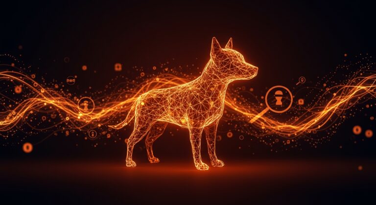Ilustración de perro con inteligencia artificial rodeado de representaciones de desinformación y viralidad digital en tonos naranja y negro.