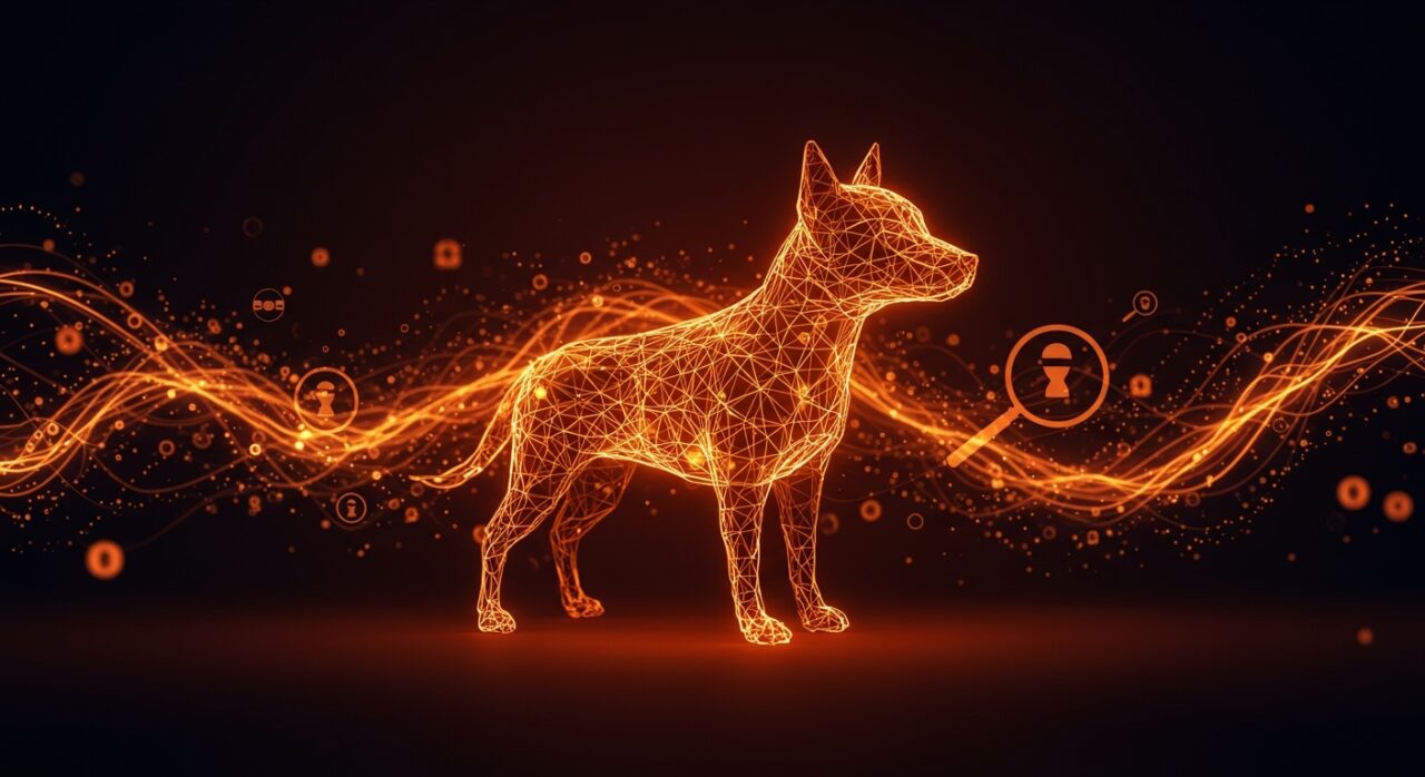 Ilustración de perro con inteligencia artificial rodeado de representaciones de desinformación y viralidad digital en tonos naranja y negro.
