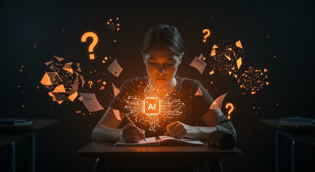 Detección de IA en educación representada con estudiante y redes neuronales abstractas en aula moderna, ilustrando el efecto contraproducente en la escritura estudiantil.