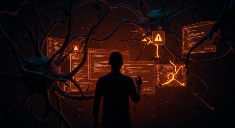 Desarrollador frente a pantallas con código generado por IA vulnerable, ilustrando la deuda de verificación en startups tecnológicas.