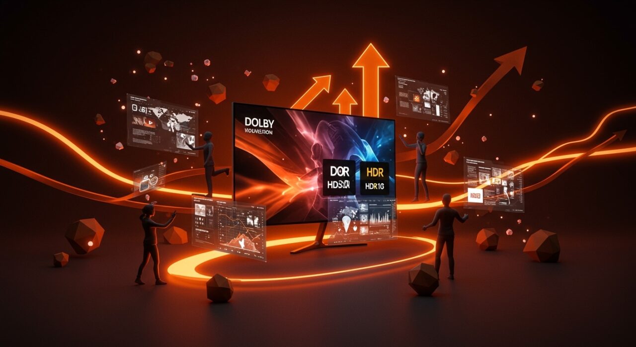 Televisor moderno con visuales vibrantes mostrando Dolby Vision, HDR10+, y HLG, destacando tecnología HDR en streaming para startups tecnológicas.