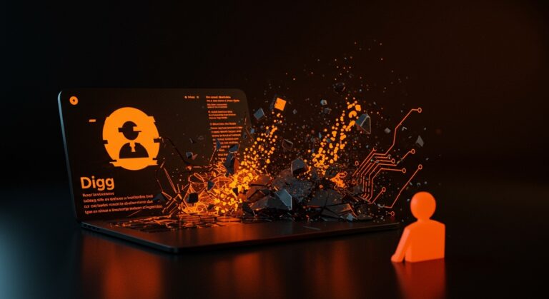 Interfaz digital de Digg invadida por bots de IA en 2026, mostrando la crisis de confianza y comunidad en plataformas sociales.