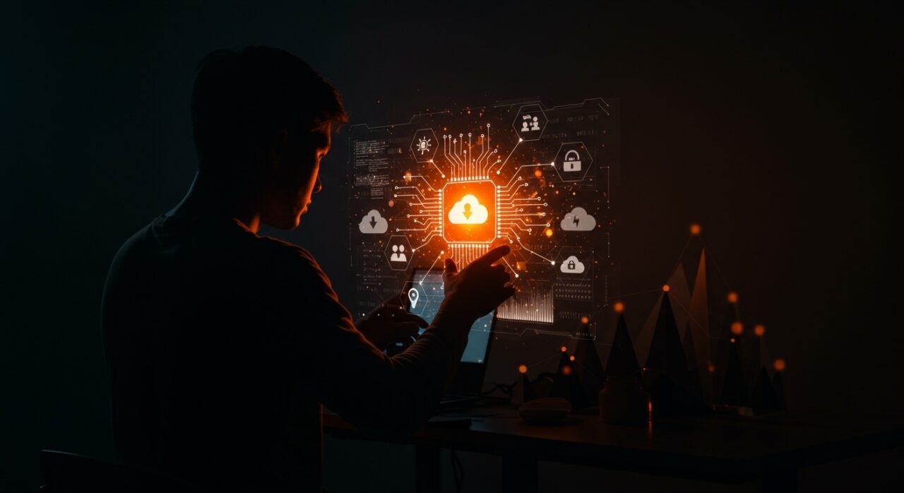 Fundador de startup tech frente a interfaz digital que representa digitalización, IA y propiedad intelectual en LATAM.