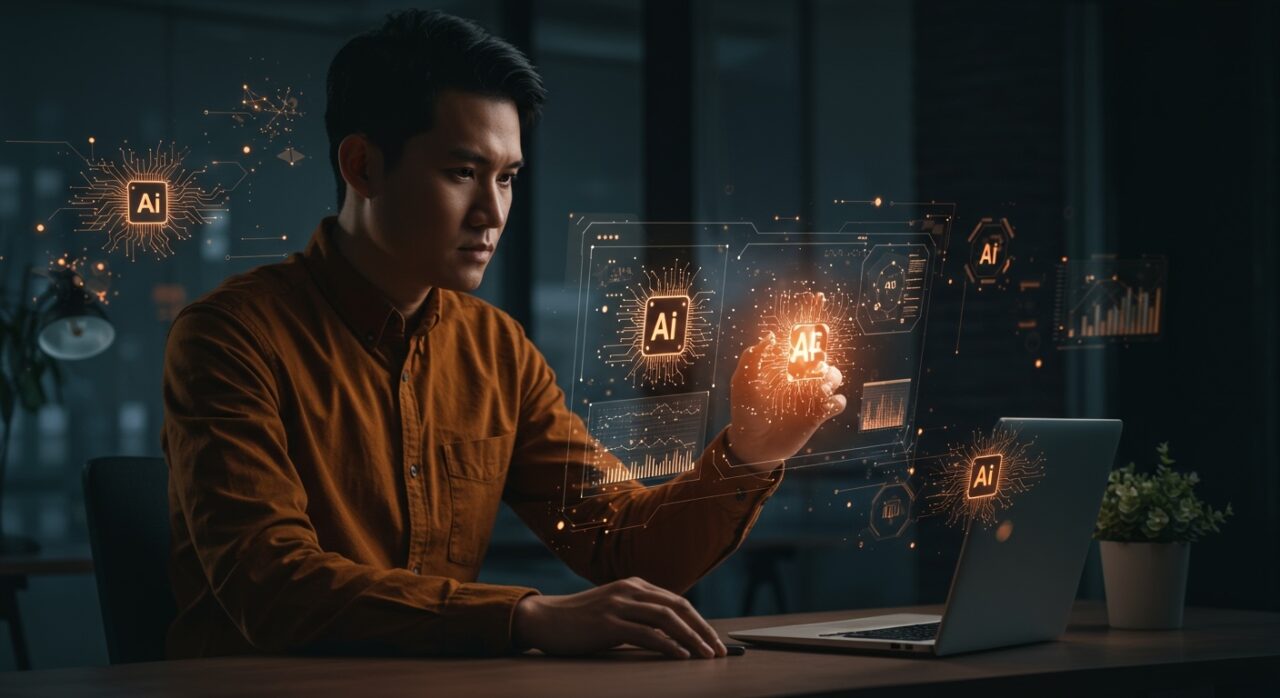 Founder tech implementando agentes de IA en producción real con representaciones visuales de automatización e inteligencia artificial.