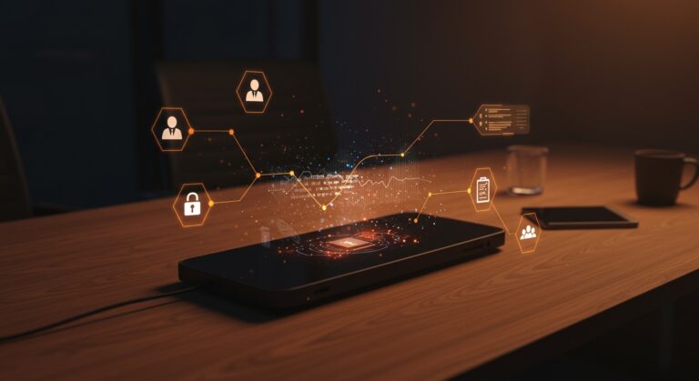 Dispositivo físico de IA para notetaking eficiente en reuniones, grabando y transcribiendo con protección de datos.