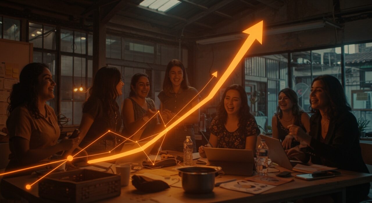 Mujeres emprendedoras colaborando en el Distrito Emprendedor Cerro Navia, impulsado por José Yuraszeck y Fundación Fibra, destacando desarrollo local y comunidad startup.