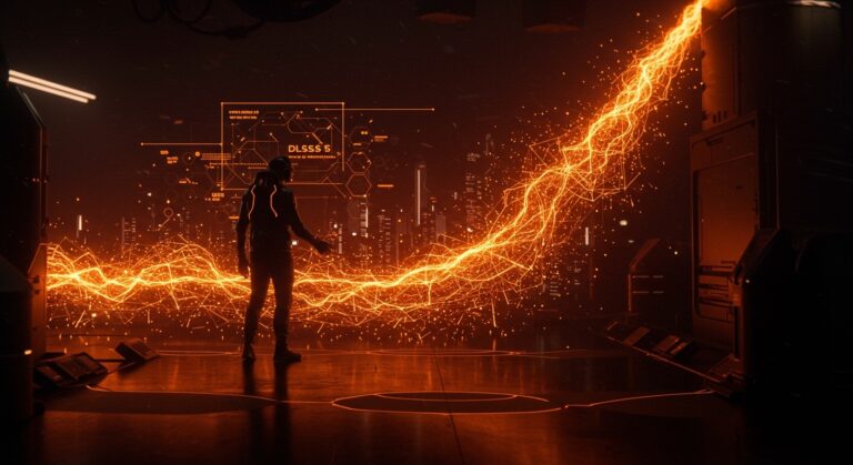 Visualización futurista de DLSS 5 de Nvidia con IA generativa en tiempo real aplicada a videojuegos y gráficos computacionales.