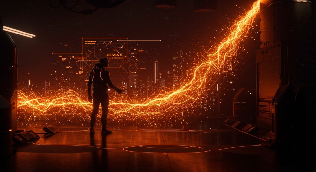 Visualización futurista de DLSS 5 de Nvidia con IA generativa en tiempo real aplicada a videojuegos y gráficos computacionales.