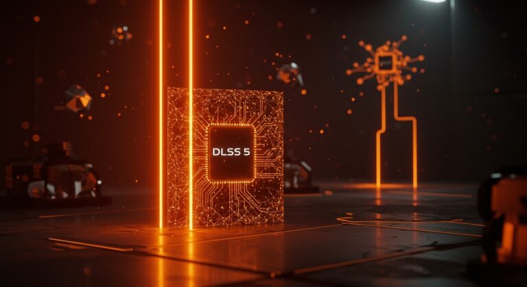 Visualización de DLSS 5 de Nvidia con IA generativa mejorando gráficos en videojuegos, destacando tecnología de renderizado neuronal y upscaling.