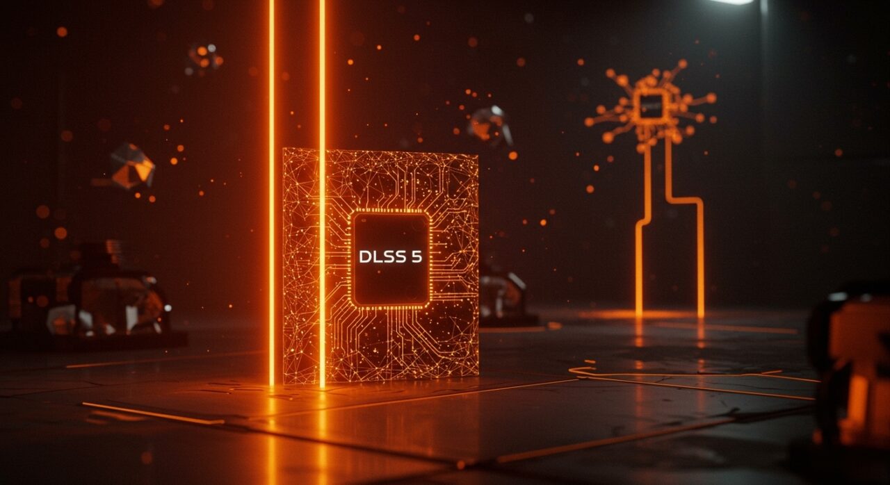 Visualización de DLSS 5 de Nvidia con IA generativa mejorando gráficos en videojuegos, destacando tecnología de renderizado neuronal y upscaling.