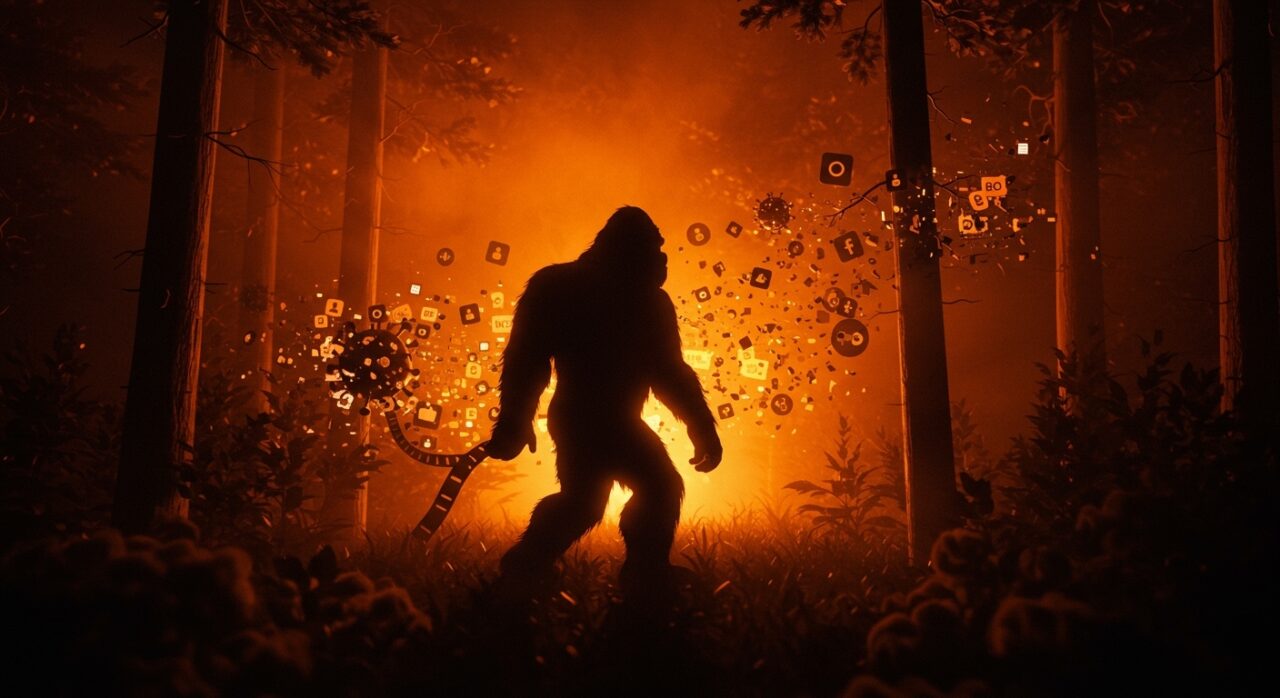 Documental Bigfoot explorando teorías conspirativas y desinformación digital inspiradas en el film Patterson-Gimlin 1967.