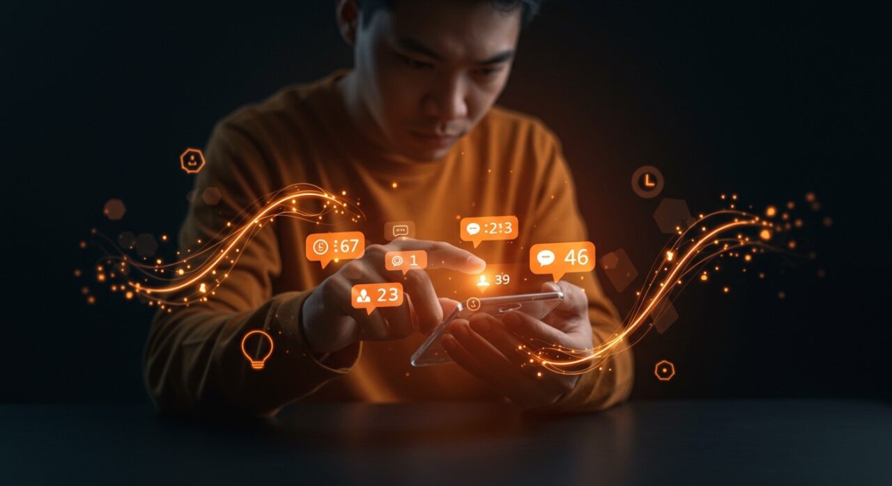 Fundador dominando notificaciones móviles con automatización para mejorar productividad y concentración en dispositivos Android e iPhone.