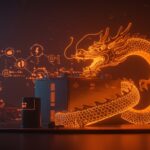 Dominio chino en baterías de vehículos eléctricos mostrando un dragón chino rodeando una batería EV con símbolos de movilidad eléctrica e innovación tecnológica.