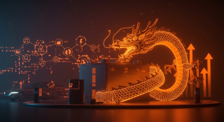 Dominio chino en baterías de vehículos eléctricos mostrando un dragón chino rodeando una batería EV con símbolos de movilidad eléctrica e innovación tecnológica.