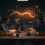 Grupo de emprendedores de startups colaborando con elementos digitales de inteligencia artificial que representan la adopción y transformación digital en empresas.
