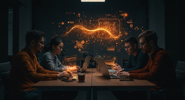 Grupo de emprendedores de startups colaborando con elementos digitales de inteligencia artificial que representan la adopción y transformación digital en empresas.