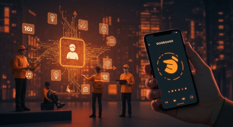 Ilustración futurista de trabajadores gig usando la app de DoorDash, simbolizando inteligencia artificial, automatización y crowdsourcing en startups LATAM.