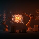 Hub logístico futurista con robots y datos de IA representando la economía de datos y automatización de DoorDash Tasks.
