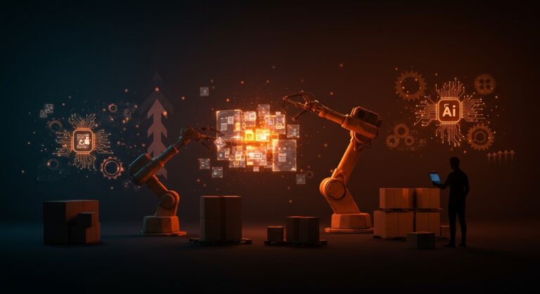 Hub logístico futurista con robots y datos de IA representando la economía de datos y automatización de DoorDash Tasks.