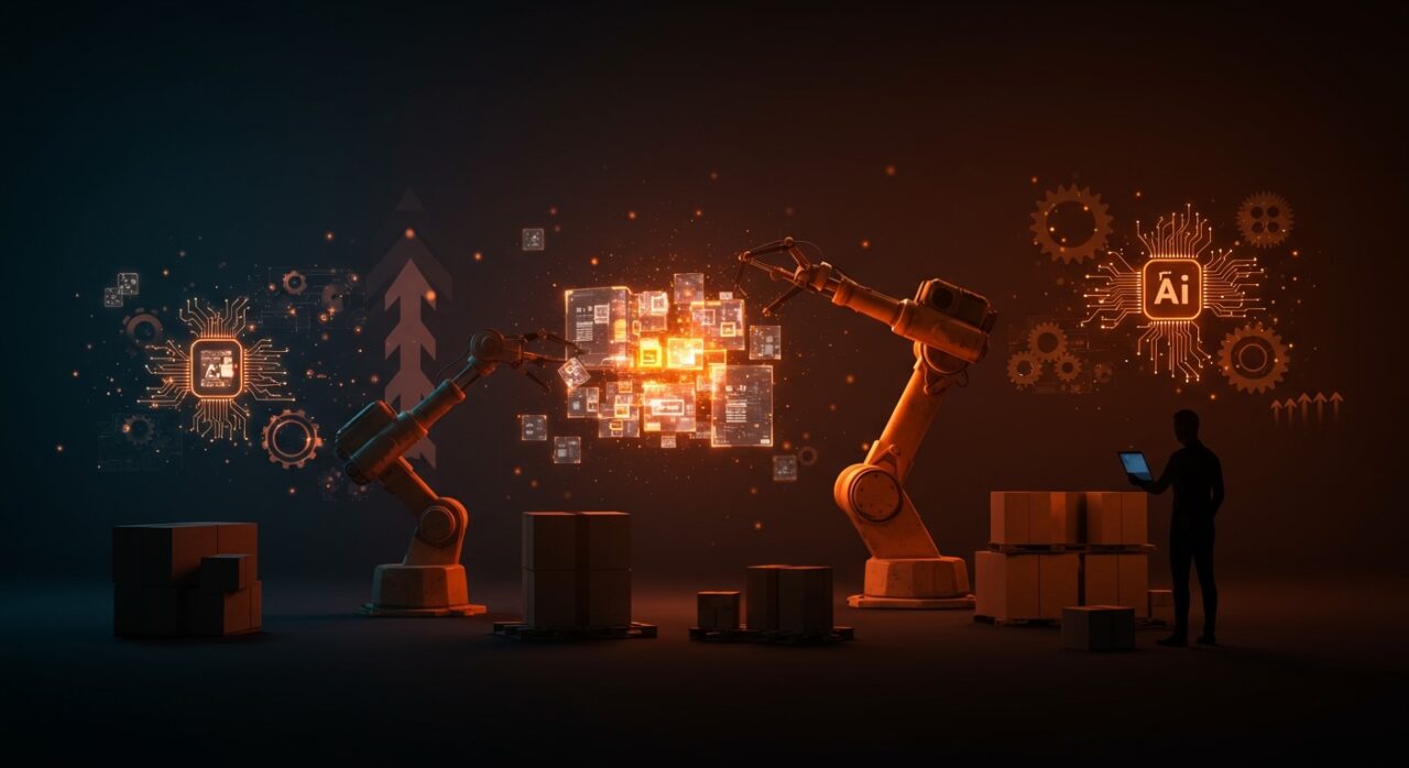 Hub logístico futurista con robots y datos de IA representando la economía de datos y automatización de DoorDash Tasks.