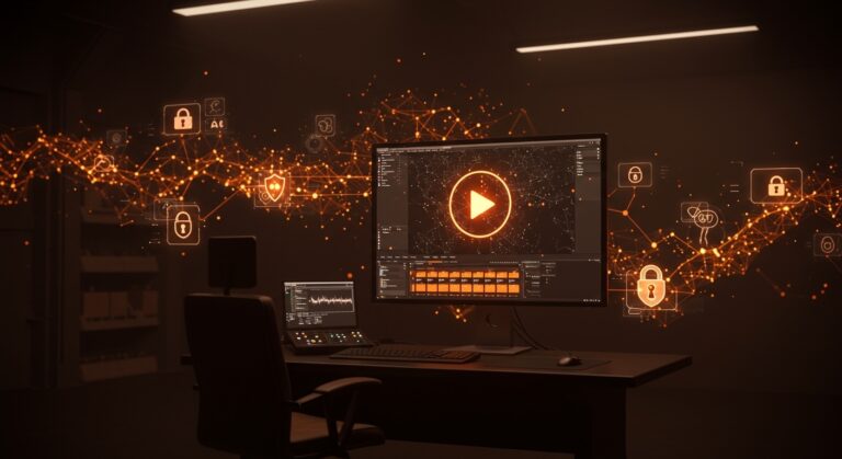 Interfaz futurista de generación de video por IA ética en CapCut destacando protección de propiedad intelectual.