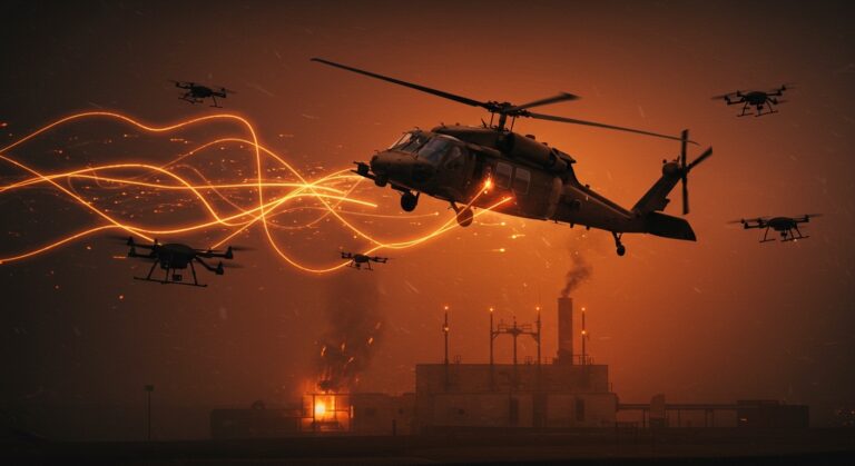 Ataque de drones a un helicóptero Black Hawk ilustrando los retos en seguridad, automatización e innovación tecnológica en defensa y infraestructura crítica.