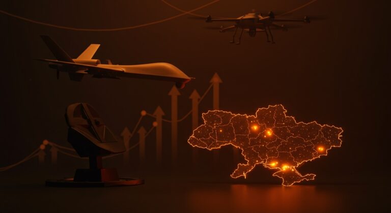 Drone Shahed iraní en vuelo sobre mapa digital de Ucrania destacando tecnología militar y defensa anti-drones.