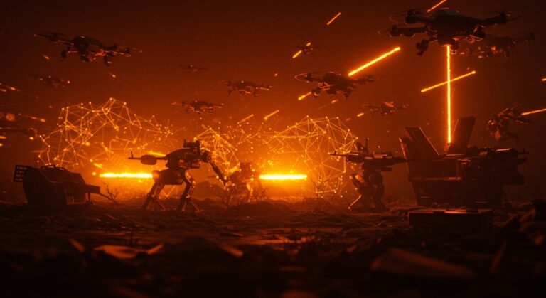 Drones y robots autónomos destacando la innovación en automatización militar y guerra tecnológica en Ucrania.