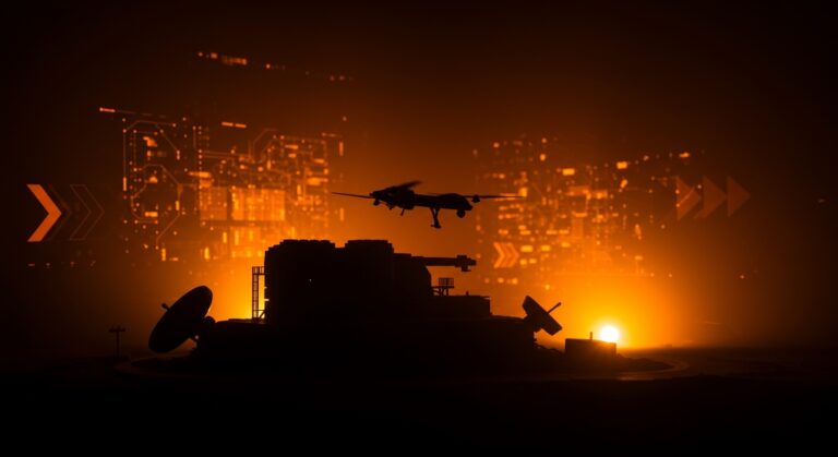 Drone avanzado sobre infraestructura crítica estadounidense en contexto de seguridad y tecnología militar.