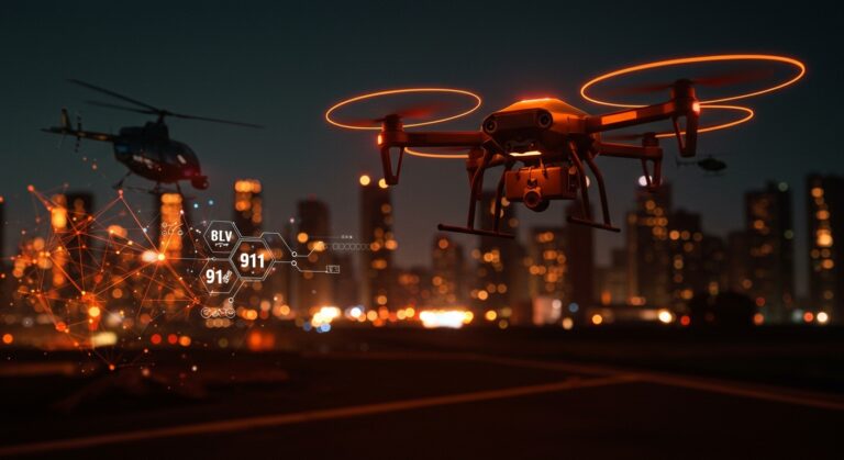 Dron avanzado para seguridad pública innovando en respuesta 911, mostrando el futuro tecnológico en protección ciudadana.
