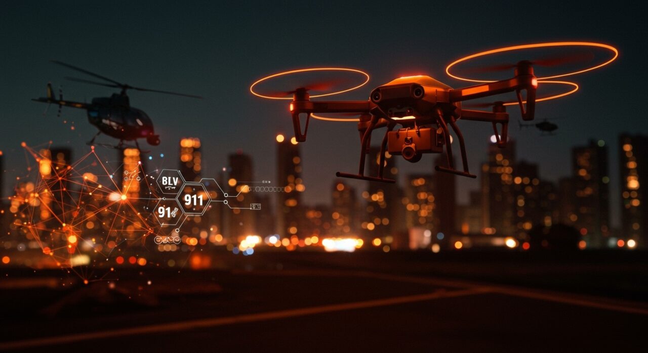 Dron avanzado para seguridad pública innovando en respuesta 911, mostrando el futuro tecnológico en protección ciudadana.