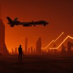 Drone Shahed-136 sobre ciudad del Medio Oriente con emprendedores observando riesgos geopolíticos en el ecosistema startup del Golfo.