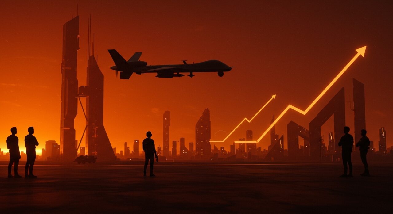 Drone Shahed-136 sobre ciudad del Medio Oriente con emprendedores observando riesgos geopolíticos en el ecosistema startup del Golfo.