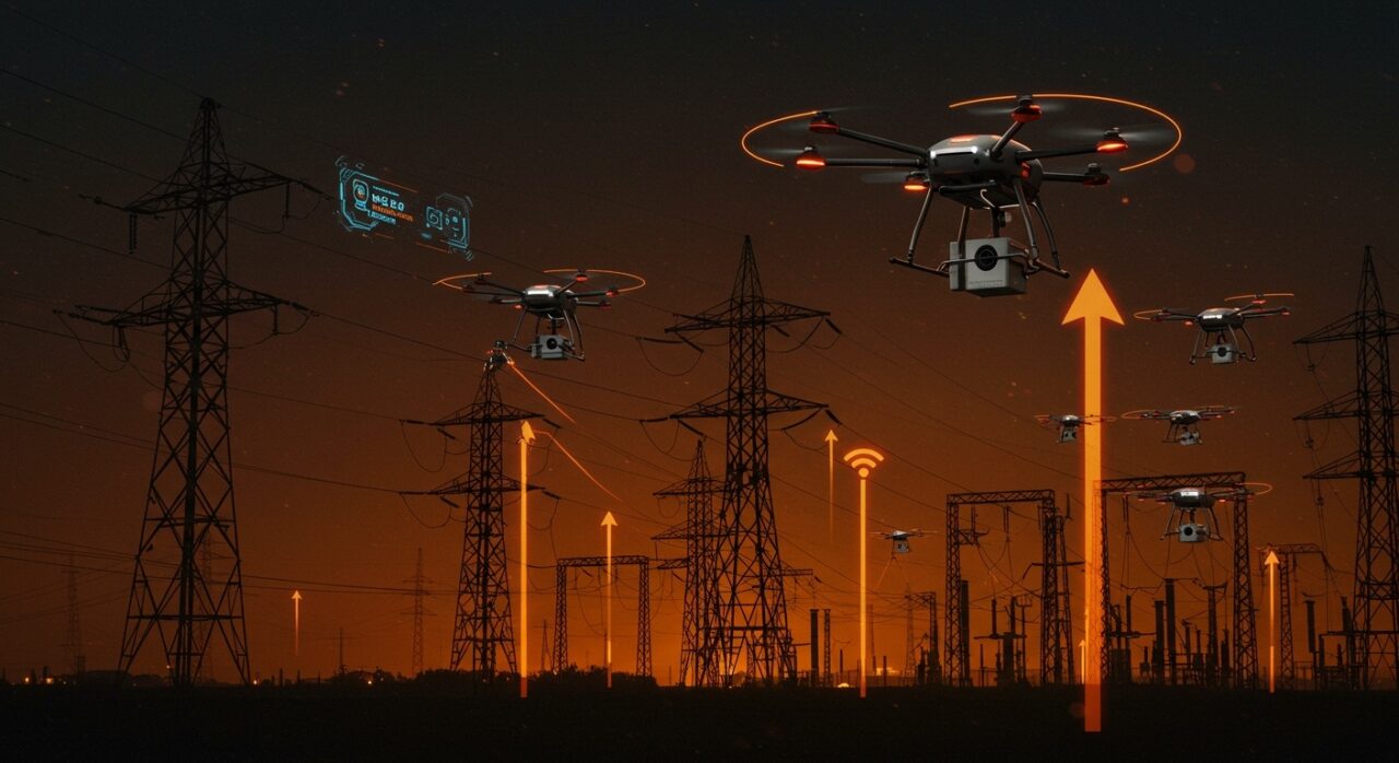 Drones autónomos realizando inspección avanzada en redes eléctricas, innovando en infraestructura crítica con tecnología IoT y hardware especializado.