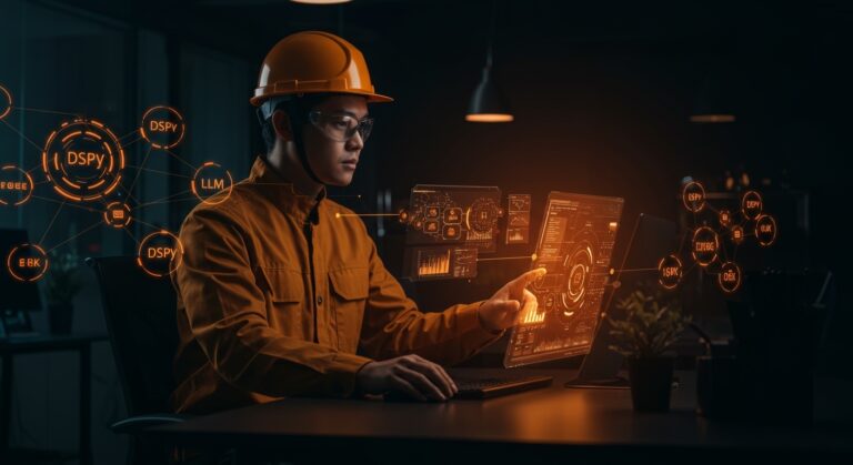 Ingeniería avanzada de IA con DSPy en startups tech, mostrando automatización, evaluación y mejora continua en inteligencia artificial.